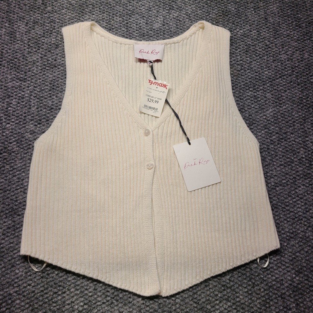 Pink Rose Women Cream Ribbed Knit V-Neck Button Front Pointed Hem Vest 5T02222 L